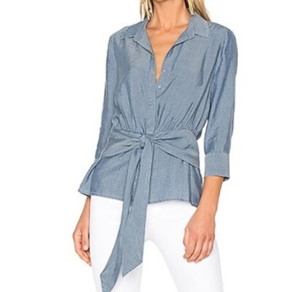 L'AGENCE Tops - Women's L'Agence Colette Blouse Top Medium Tie Waist Denim Blue